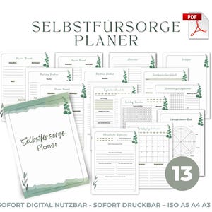 Op de afbeelding: Een digitale planner met de titel "SELBSTFÜRSORGE PLANER" met 13 pagina's voor zelfzorg, met groene aquarel en botanische ontwerpen. Beschikbaar in ISO A5, A4 en A3 formaten. Direct digitaal bruikbaar en printbaar.