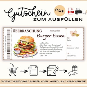 Op de afbeelding: Een printbaar cadeaubon voor een hamburgermaaltijd. De cadeaubon is ontworpen met een cartoon hamburger, een barcode en de tekst "Burger Essen" in het Duits. De tekst "Gutschein zum Ausfüllen" staat bovenaan de cadeaubon, wat "Cadeaubon om in te vullen" betekent.
