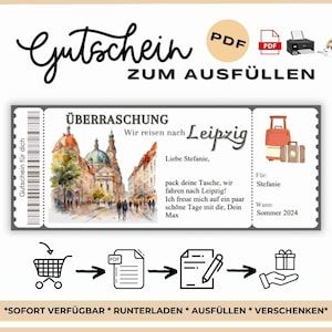 Personalisierbarer Reisegutschein Leipzig PDF zum Ausdrucken Reisegutschein Urlaub Leipzig Städtetour Hochzeitsreise Leipzig Kurztrip