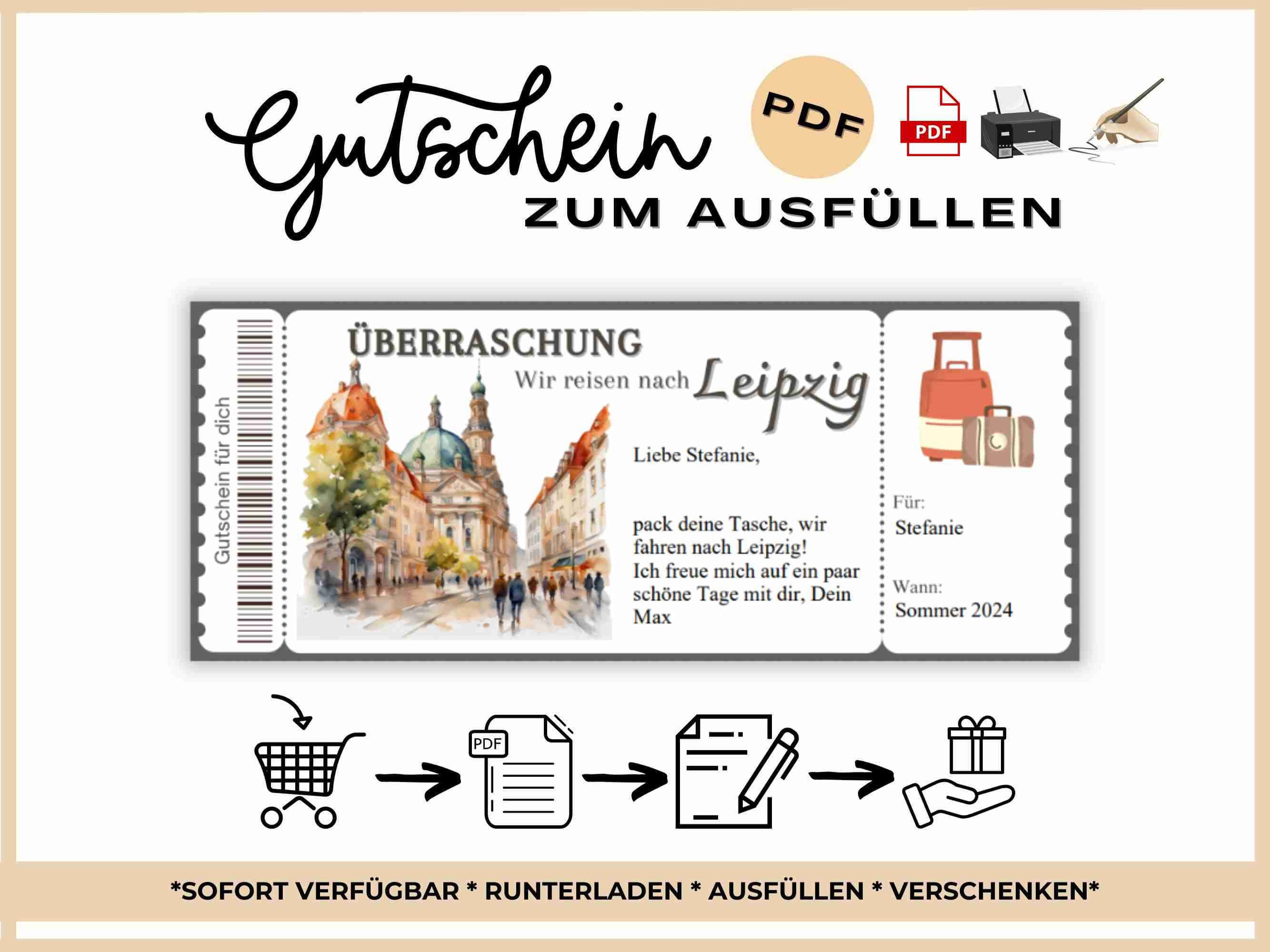 Leipzig travel voucher PDF | Leipzig city trip voucher to print | Short break gift template | Last-minute gift idea