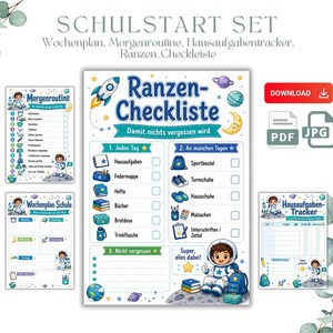May include: A digital school starter set featuring a space-themed checklist, weekly planner, morning routine, and homework tracker. The designs include illustrations of astronauts, rockets, and planets with German text labels for school supplies.