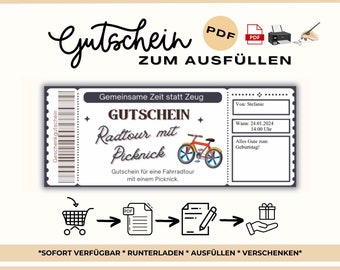 Gutschein Fahrradtour Abend Vorlage zum Ausdrucken | Geschenkidee Zeit statt Zeug | Geschenkgutschein | Gutschein Ausflug bunt