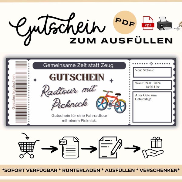 Gutschein Fahrradtour Abend Vorlage zum Ausdrucken | Geschenkidee Zeit statt Zeug | Geschenkgutschein | Gutschein Ausflug bunt