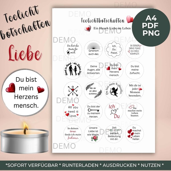 Teelicht Botschaften 20 Teelicht Nachrichten zum Basteln, PDF Datei zum Valentines Tag, Druckvorlage für Teelicht Nachrichten, Liebe