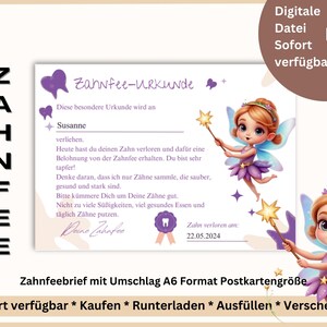Certificado de hada de los dientes para imprimir en morado | PDF A6 personalizable para niños | Correo mágico del hada de los dientes | Descarga instantánea