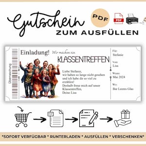 Könnte beinhalten: Eine druckbare Einladung für ein Klassentreffen mit einem Gruppenfoto und dem Text "Einladung! Wir machen ein KLASSENTREFFEN." Enthält Felder für Empfänger, Absender, Datum und Ort. Als PDF verfügbar.