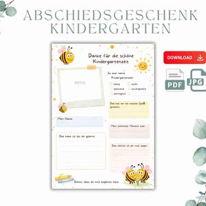 Puede incluir: Una página de recuerdos de jardín de infancia imprimible con el texto "ABSCHIEDSGESCHENK KINDERGARTEN". El diseño incluye un marco de fotos, ilustraciones de abejas y secciones para rellenar con recuerdos. Un botón rojo "DESCARGAR" es visible.
