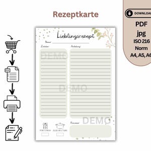 Rezeptvorlage zum Ausdrucken | digitale Rezeptkarte deutsch | eigenes Kochbuch | Rezeptsammlung | A4, A5 PDF Sofortdownload Lieblingsrezept