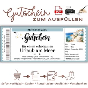 Gepersonaliseerde voucher vakantie aan zee ticket PDF download Vakantie Noordzee voucher Bewerkbare vouchers om uit te printen en in te vullen