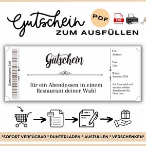 Gutschein Essen Gehen Vorlage zum Ausdrucken zuhause | Gutschein Restaurant | Gutschein  Abendessen zum Gestalten | Geschenkgutschein