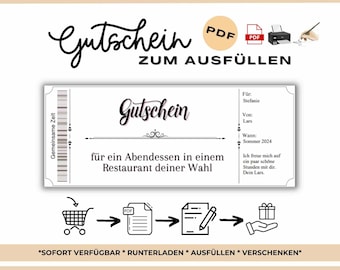 Dinerbon PDF | Restaurantbon om af te drukken | Dinercadeau-sjabloon | Dineruitnodiging | Invulbare bon