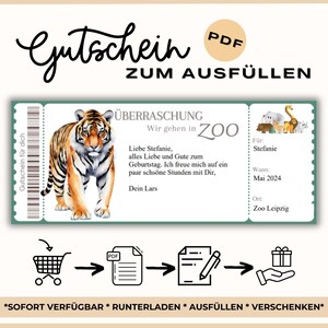 Kupon na wizytę w zoo do wypełnienia | Bon do parku zwierząt do zaprojektowania | Voucher na wycieczkę do zoo do wydrukowania | Bon podarunkowy