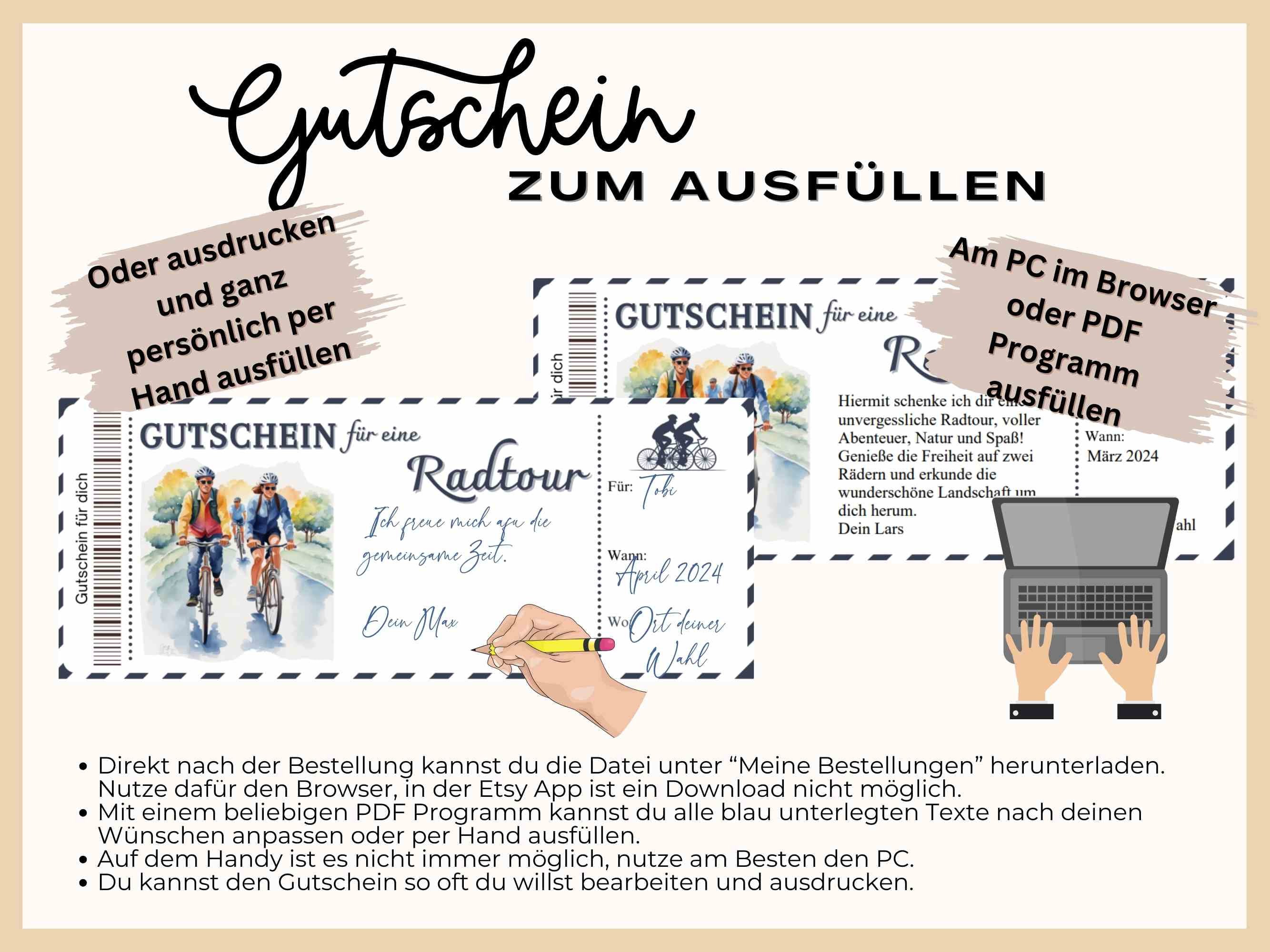 Gutschein Fahrradtour Vorlage zum Ausdrucken Geschenkidee Zeit statt