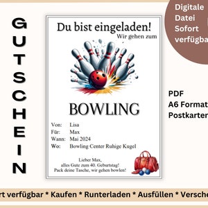 Noite de boliche com voucher | Vá jogar boliche l modelo para imprimir | Voucher de boliche | Voucher para design | Cartão postal Go Bowling A6