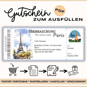 Bono de viaje personalizable para París (PDF para imprimir), idea de regalo para escapadas cortas, plantilla de bono de regalo para Francia.