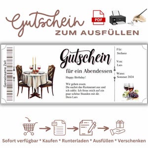Gutschein Restaurant Gutschein Essen Gehen Vorlage zum Ausdrucken zuhause Gutschein  Abendessen zum Gestalten Geschenkgutschein Restaurant