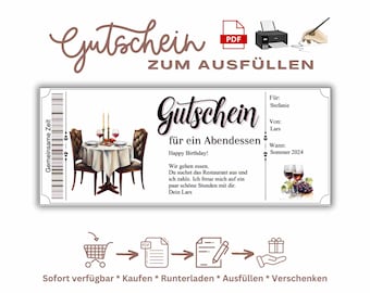 Restaurantbon, dinerbon sjabloon om thuis af te drukken, dinerbon om te personaliseren, cadeaubon voor een restaurant