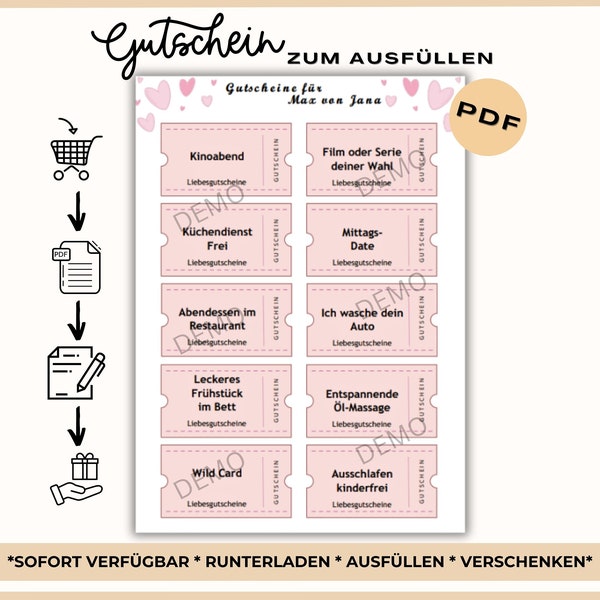 Gutscheinheft zum Ausfüllen Geschenkidee sofort Download pdf zum Ausdrucken Coupons verschenken Love Coupons personalisierbar