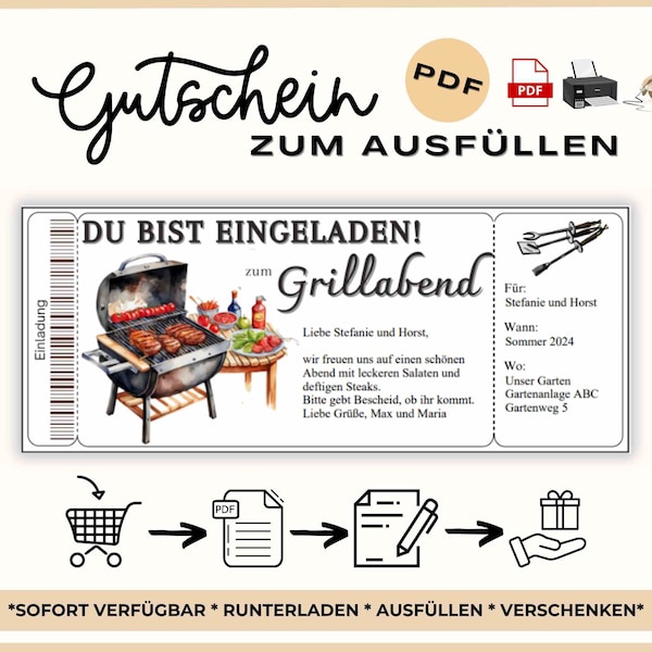 Einladung Grillabend Vorlage zum Ausdrucken PDF Einladung Gutscheinvorlage Gutschein Vorlage Grillparty  Backyard BBQ Grill Männertag