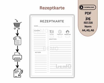 Recipe template for printing | digital recipe card German | personal cookbook | recipe collection | A4, A5 PDF instant download Minimalist