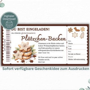 Puede incluir: Una tarjeta de invitación de descarga digital para un evento de horneado de galletas. La tarjeta presenta un borde marrón, galletas en forma de estrella y texto en alemán. La invitación incluye detalles del evento, como la fecha, la hora y el lugar.