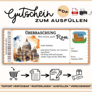 Gepersonaliseerde reisvoucher Rome PDF om af te drukken als cadeau-idee voor een korte vakantie, cadeaubon voor een stedentrip naar Italië, sjabloon voor een Rome-reis