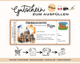 Buono regalo di viaggio personalizzabile per Roma in formato PDF da stampare, idea regalo per un breve viaggio in Italia, modello per viaggio in città a Roma