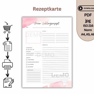 Receptensjabloon om af te drukken | digitale receptenkaart Duits | eigen kookboek | Receptenverzameling | A4, A5 PDF direct downloaden rode aquarel