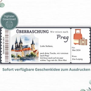 Könnte beinhalten: Ein digitaler Geschenkgutschein mit dem Text "Überraschung! Wir reisen nach Prag." Das Design im Ticketstil zeigt eine Aquarellillustration von Prag, Gepäcksymbole und den Text "Digitaler Download".