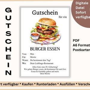 Bon personnalisé burger food à imprimer pour remplir PDF télécharger coupon burger restaurant fast food restaurant carte postale A6