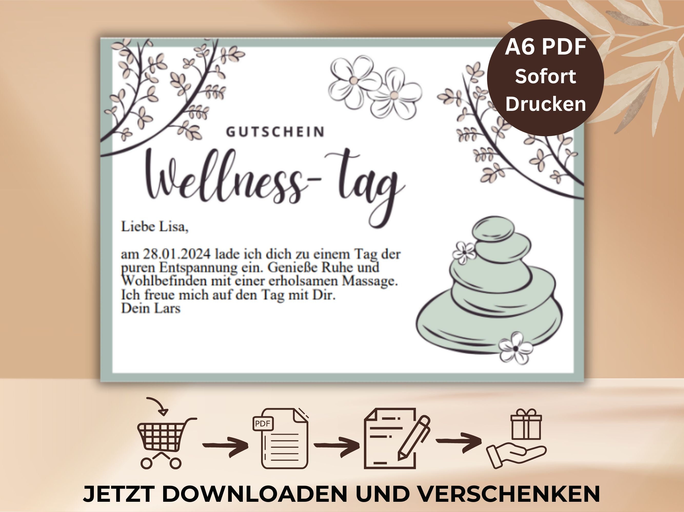 Gutschein Wellness Tag Besuch Vorlage zum Ausdrucken PDF Gutschein Spa