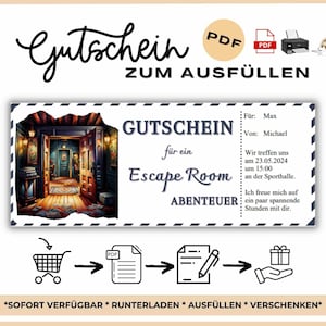 Bono de escape room para rellenar | pdf para imprimir | Plantilla de cupón para sala de escape | Rompecabezas de vales de aventura | Bono experiencia