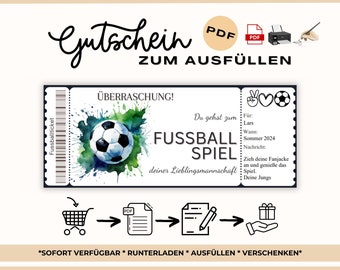 Gutschein Fussballspiel zum Ausfüllen | Vorlage zum Ausdrucken | Personalisierter Gutschein Fussball Ticket PDF Download Fussballspiel