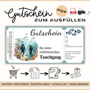 Puede incluir: Un vale de regalo imprimible azul y blanco para una experiencia de buceo. El vale de regalo presenta una escena submarina con dos buceadores y peces. El texto en el vale de regalo dice "Gutschein zum Ausfüllen" y "Gutschein für einen erlebnisreichen Tauchgang".