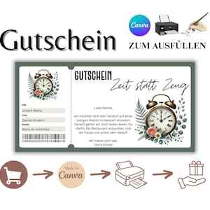 Voucher Tempo em vez de coisas | Modelo de voucher personalizável com relógio e flores | Impressões de vouchers de presente Presente de última hora