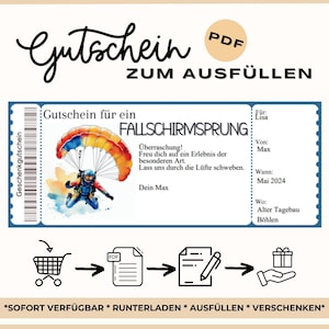 Modelo de voucher de paraquedismo para imprimir | Pára-quedas de ideia de presente | Vale-presente | Voucher experiência | Salto duplo
