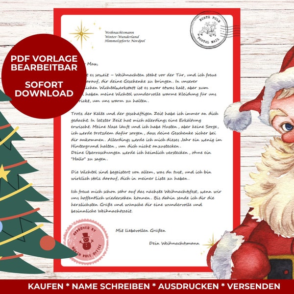 Brief vom kranken Weihnachtsmann kann Geschenke nicht bringen personalisiert mit Name des Kindes Weihnachtspost Brief Weihnachtsmann