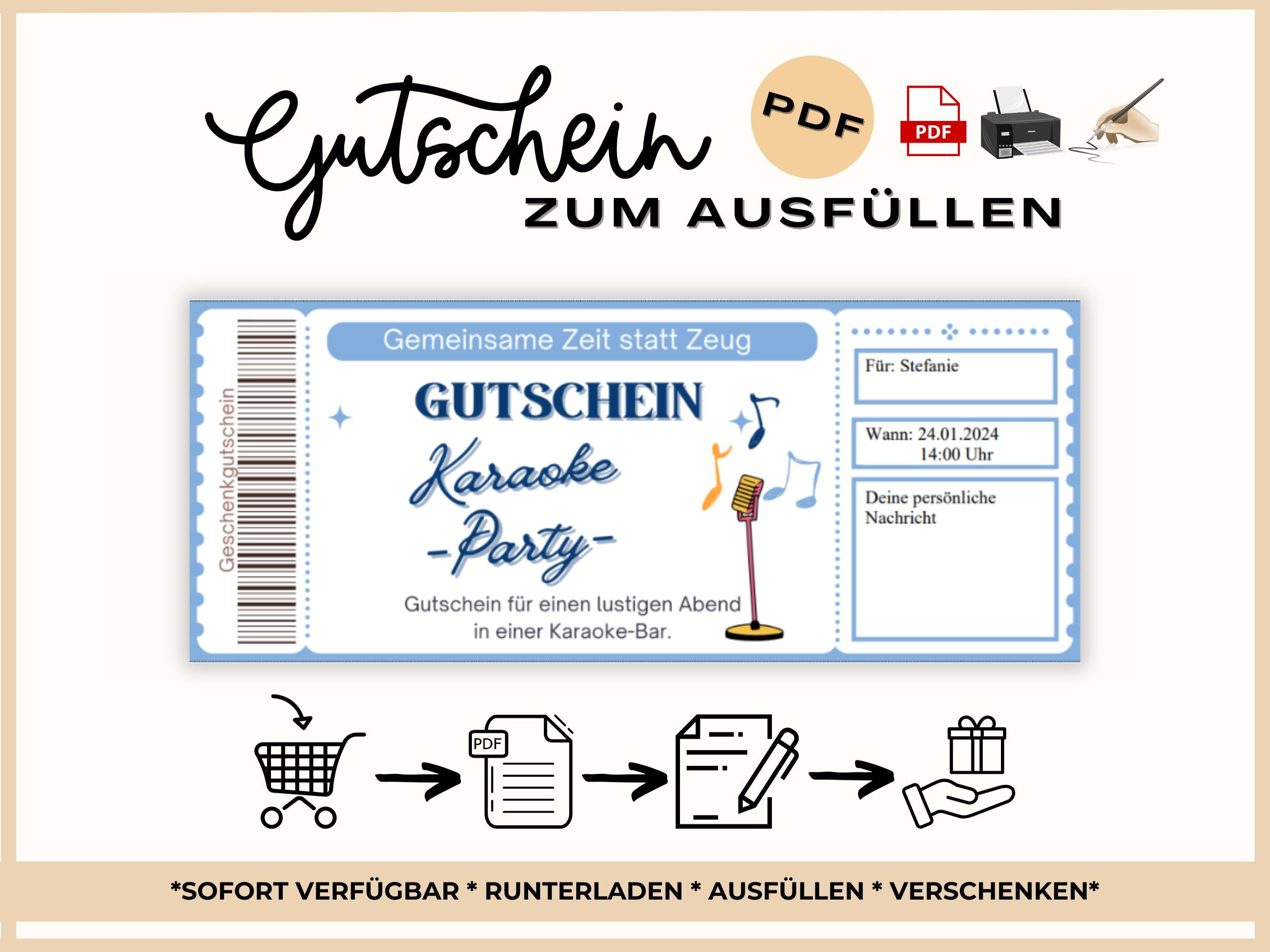Voucher karaoke evening template to print out | Gift idea time instead of stuff | Gift voucher | Voucher for time together | blue