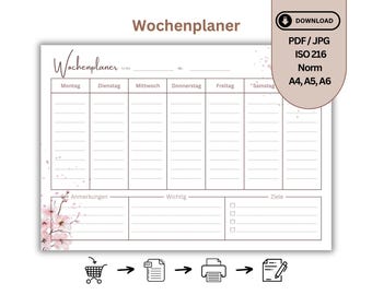 Wochenplaner A4 und A3 PDF Vorlage | To Do Liste & Wochenübersicht zum Ausdrucken | Terminplaner minimalistisch | Blumen