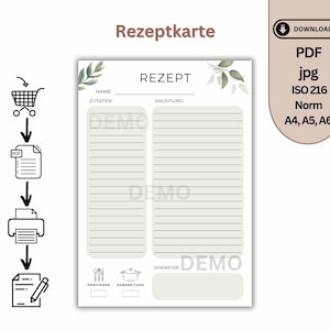 Rezeptvorlage zum Ausdrucken | digitale Rezeptkarte deutsch | eigenes Kochbuch | Rezeptsammlung | A4, A5 PDF Sofortdownload Salbei Motiv