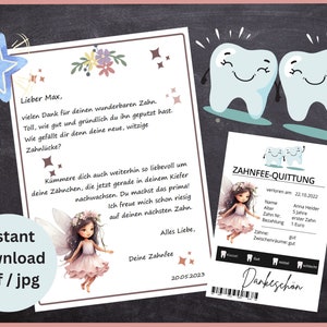 Plantilla de carta del Hada de los Dientes para descargar con certificado, calendario de dientes de leche y carta rellenable para niños como regalo mágico