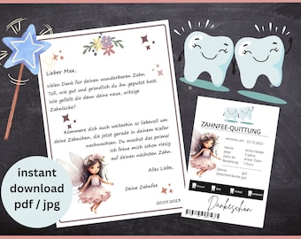 May include: A printable tooth fairy receipt and letter with a cute fairy illustration. The receipt is titled "Tooth Fairy Receipt" and includes fields for the child's name, age, tooth number, and payment amount. The letter is addressed to "Max" and thanks him for his lost tooth.