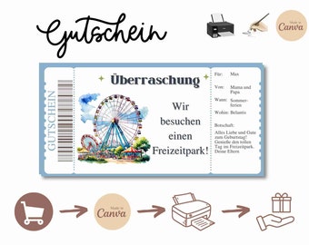 Freizeitpark Ausfüllbarer Gutschein personalisierbare Gutscheinvorlage zum Ausdrucken Geschenkgutschein Freizeitpark Download Canva Template