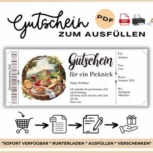 Voucher-picknicksjabloon om voucher af te drukken | Picknickbon | Voucher om uit te printen | Picknicktijd samen