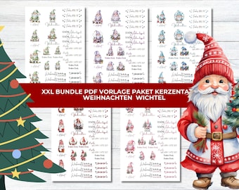 May include: A set of printable Christmas gnome stickers with the text "XXL Bundle PDF Vorlage Paket Kerzentag Weihnachten Wichtel". The stickers feature gnomes with red hats, white beards, and various Christmas-themed designs.