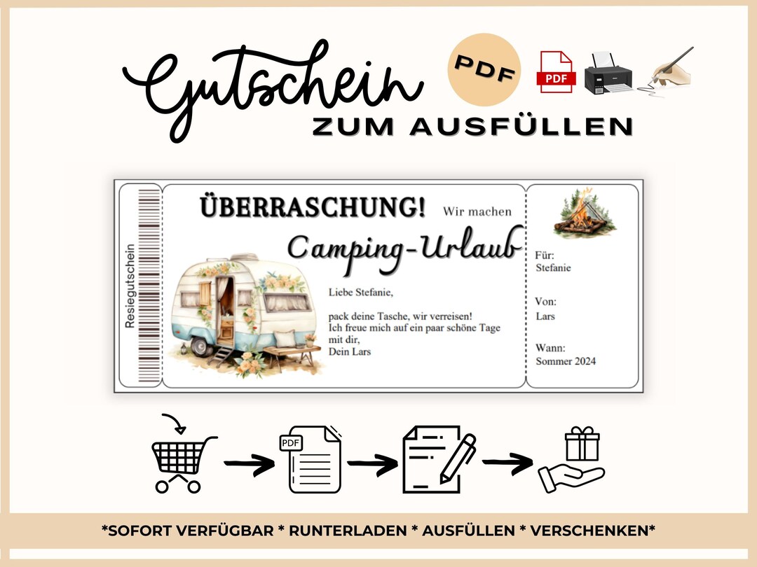 Camping Urlaub Gutschein Gutschein für eine Reise Vorlage Gutschein