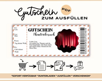 Voucher for a visit to the theater, voucher for time together, theater voucher template, voucher for printing, gift voucher pdf download