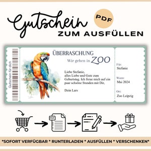 In te vullen dierentuinbezoekvoucher | Dierenparkbon om te ontwerpen | Voucher voor een uitstapje naar de dierentuin om uit te printen | cadeaukaart