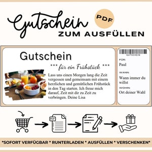 Puede incluir: Un vale de regalo imprimible para el desayuno. El vale de regalo presenta una foto de un desayuno con fruta, yogur y jugo. El texto dice "Gutschein für ein Frühstück".