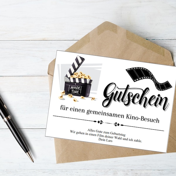 Gutschein Kino Besuch Postkarte Filmabend Vorlage Movie Night Gutscheinvorlage zum Ausdrucken selbstgestalten Kinoabend Filmnacht